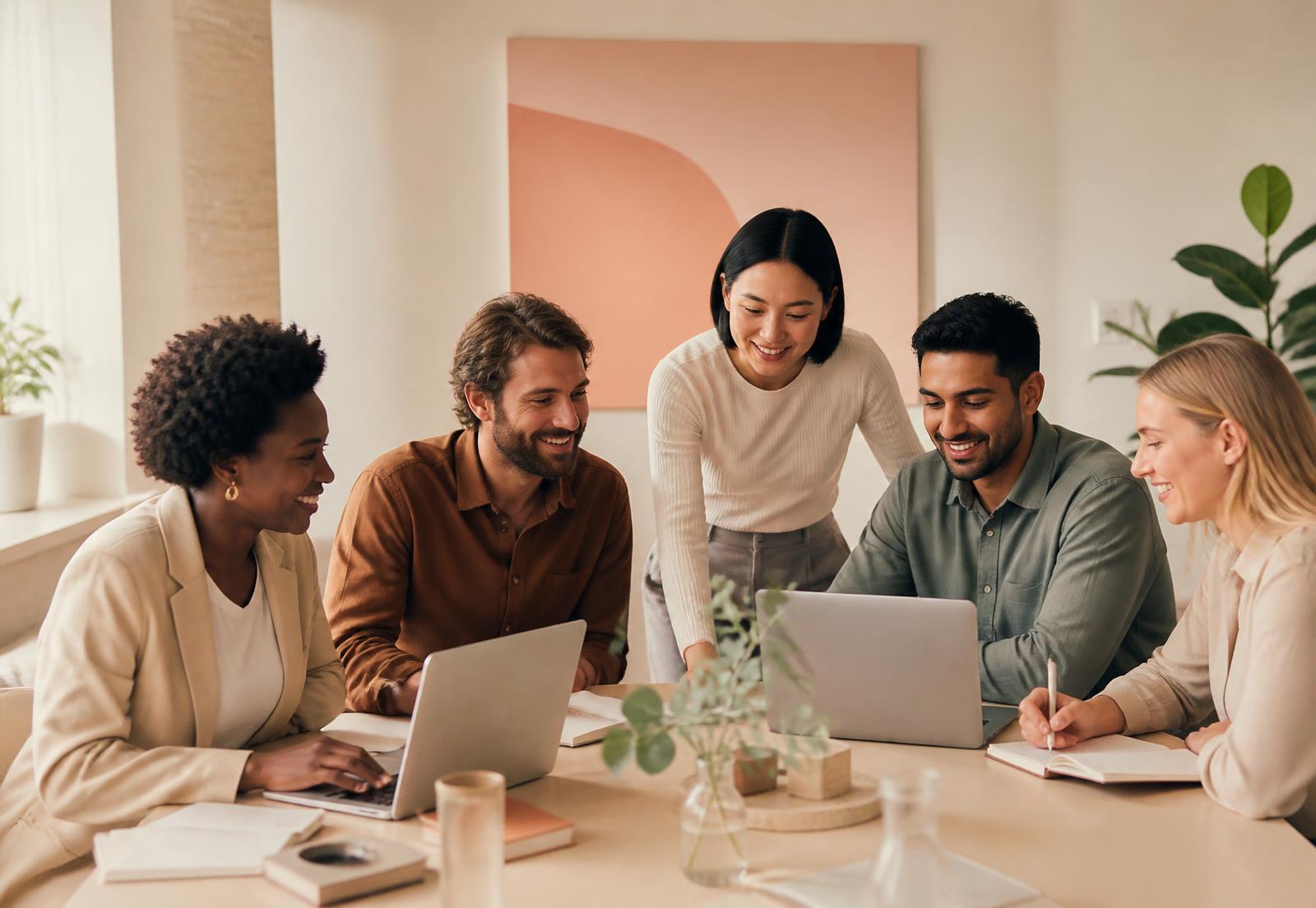 Diverse professionals collaborating around a table with laptops in a bright studio